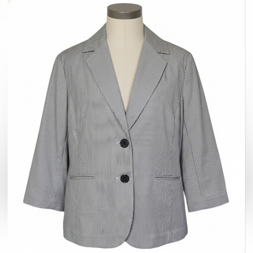 Talbots Cotton Pinstriped Blazer Striped 3/4 Sleeves Black White 10P
